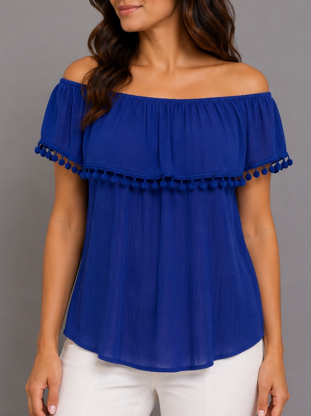 UNIQUE SPECTRUM ROYAL BLUE OFF SHOULDER BLOUSE | POM POM TRIM |BOHO TOP | RESORT